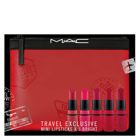 MAC Travel Exclusive Mini Lipsticks x 5 Bright Set 5 pcs.  ภายในเซ็ตประกอบไปด้วย   MAC Lustre Mini Lipstick #Lady Bug  1.8 g  MAC Retro Matte Mini Lipstick #Relentlessly Red  1.8 g  MAC Retro Matte Mini Lipstick #All Fired Up 1.8 g  MAC Lustre Mini Lipstick #See Sheer 1.8 g  MAC Retro Matte Mini Lipstick #Ruby Woo 1.8 g  And Cosmetics Bag  